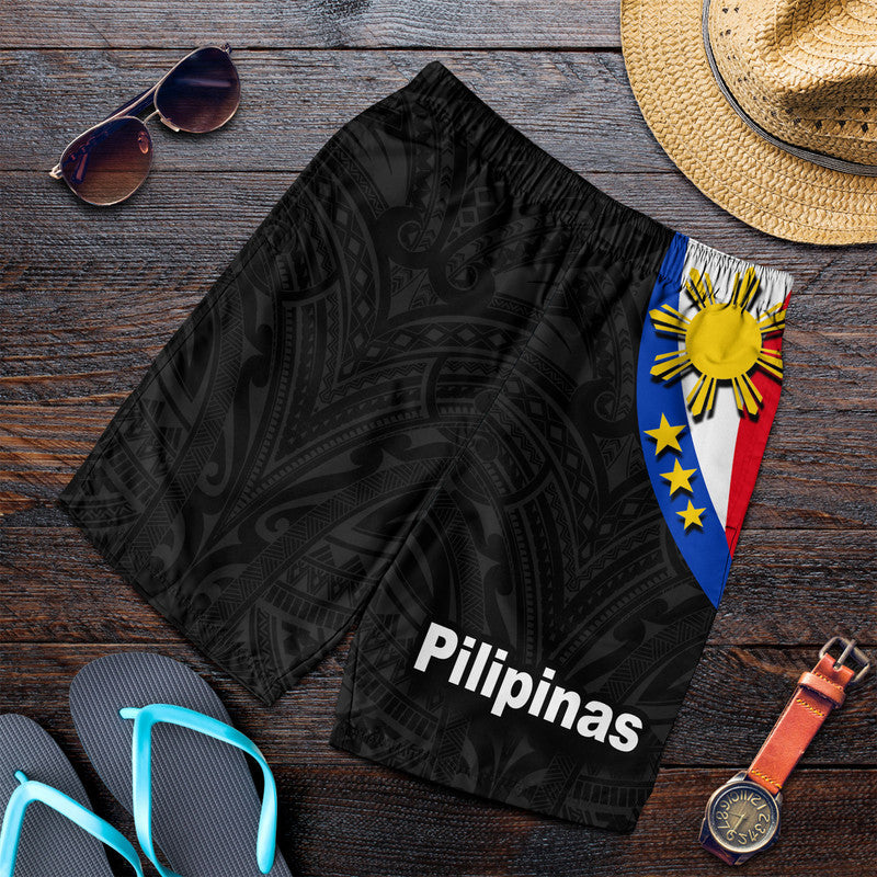 Black men’s shorts with elastic waistband, geometric pattern, and Pilipinas graphic