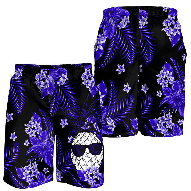 Men's dark blue swim shorts with purple floral and palm print, elastic waistband, skull graphic