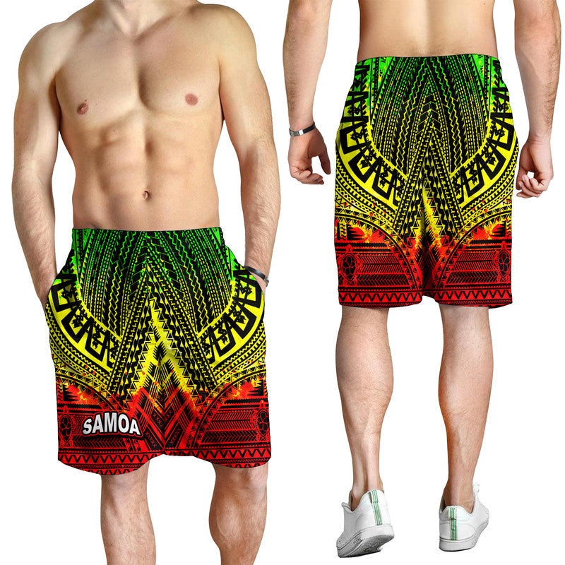 Men's tribal print swim shorts with green top and red-yellow geometric pattern