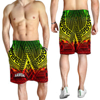 Men's tribal print swim shorts with green top and red-yellow geometric pattern