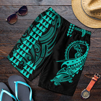 Men's swim shorts, black with teal tribal warrior print