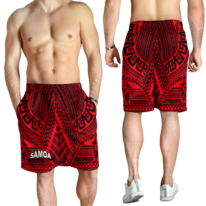 Men's red tribal shorts with black geometric pattern and elastic waistband