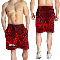 Men's red tribal shorts with black geometric pattern and elastic waistband