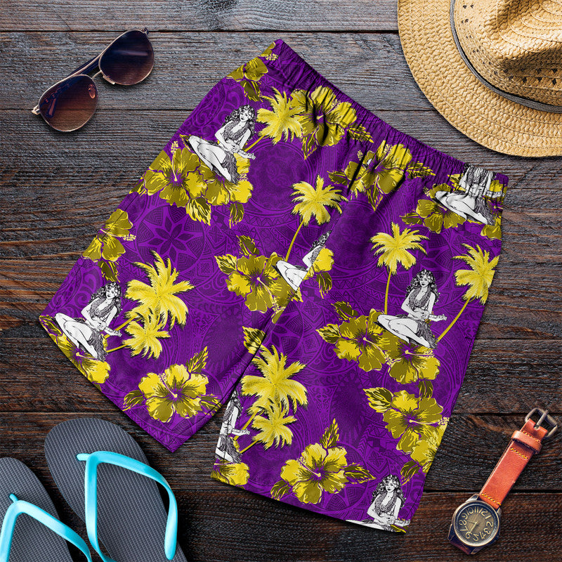 Purple men shorts with yellow palm and hula girl print, elastic waist.