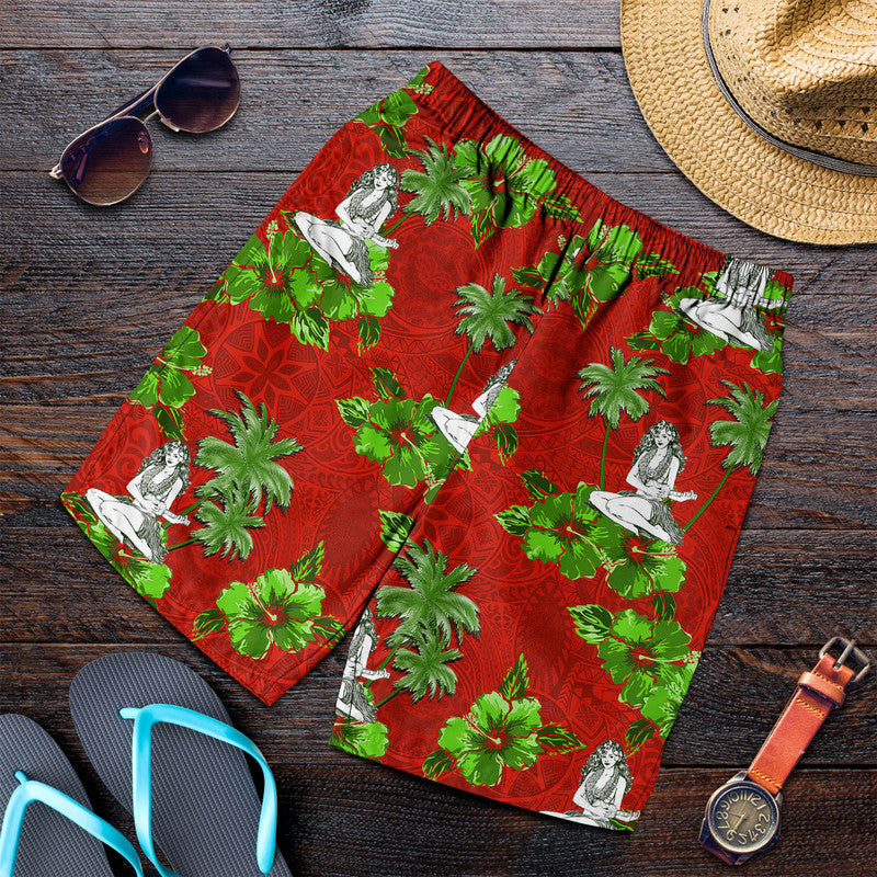 Red men’s shorts with green palm leaves and white hula dancer print, elastic waist