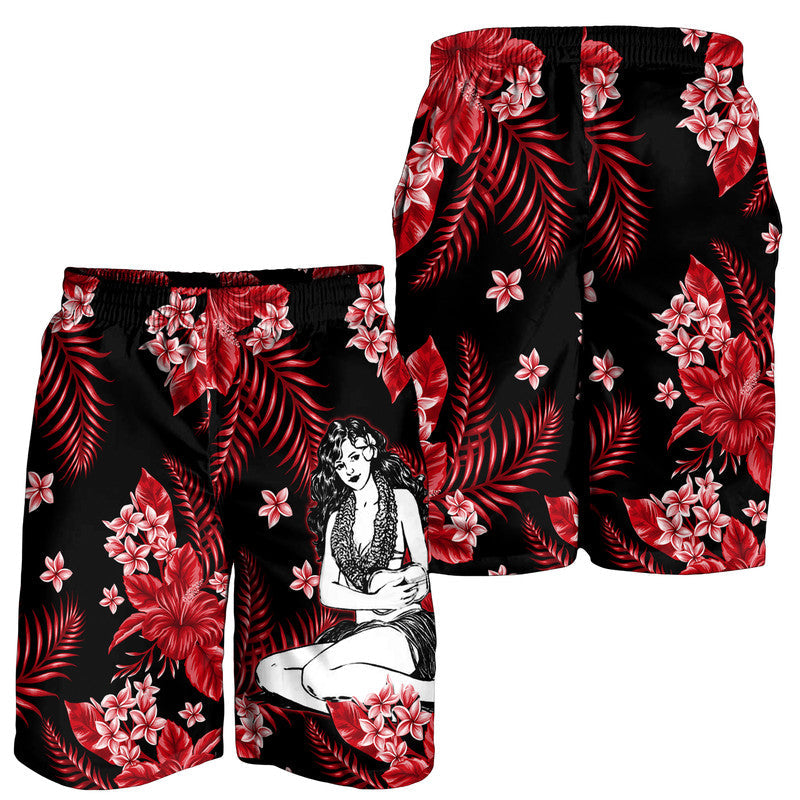 Men's tropical hula girl print shorts, red and black floral leaves and flowers