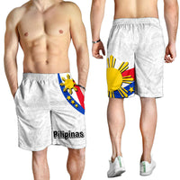 Men's white swim shorts on models, elastic waistband, colorful flag panel and 'Pilipinas' logo