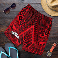Men's tribal print shorts in red with black geometric pattern and Samoa emblem