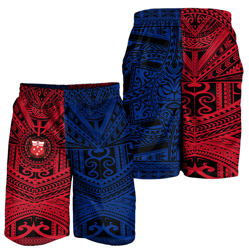 Colorful men’s shorts with red and blue Polynesian-style tribal patterns