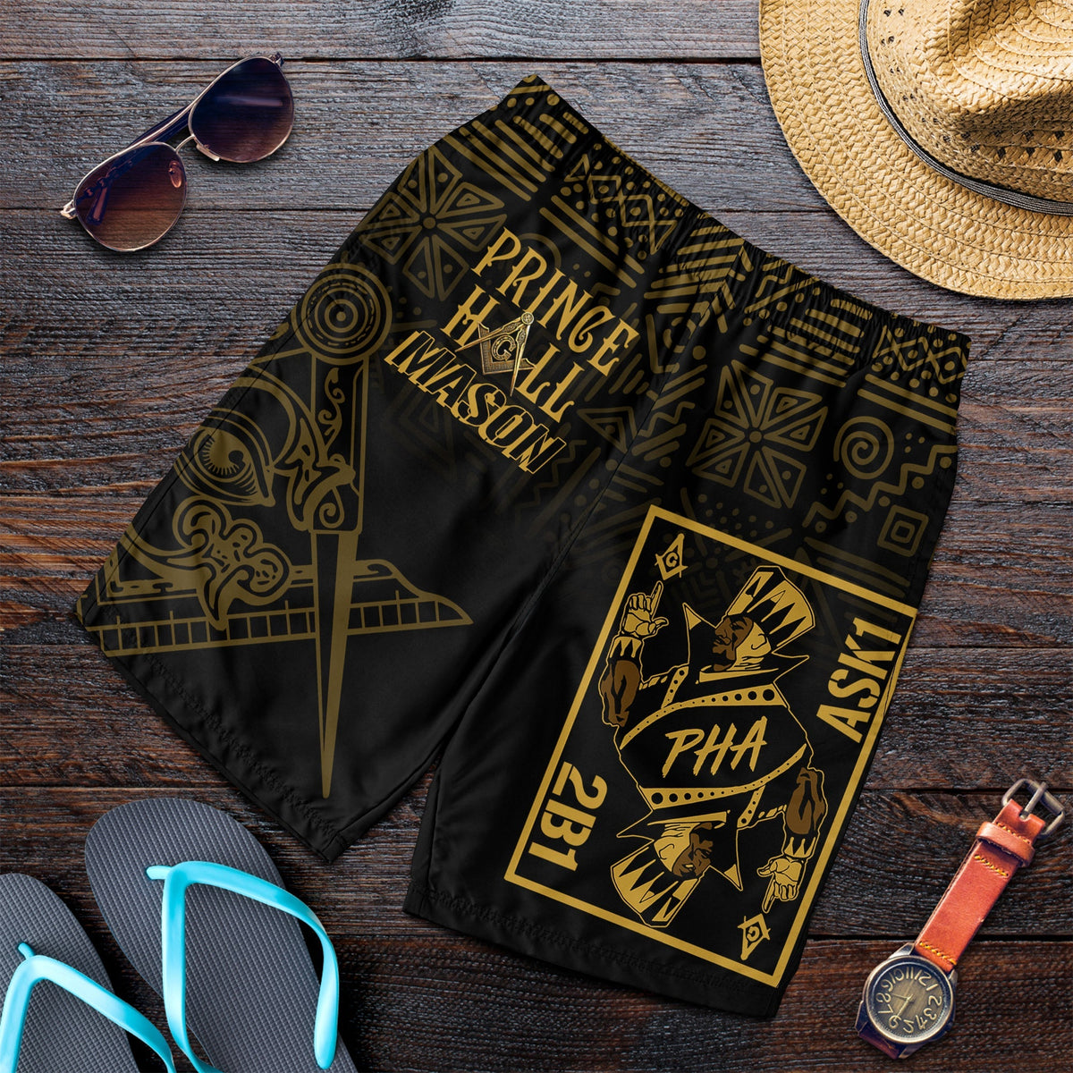Black men's shorts with gold Prince Hall Mason graphic on front panel