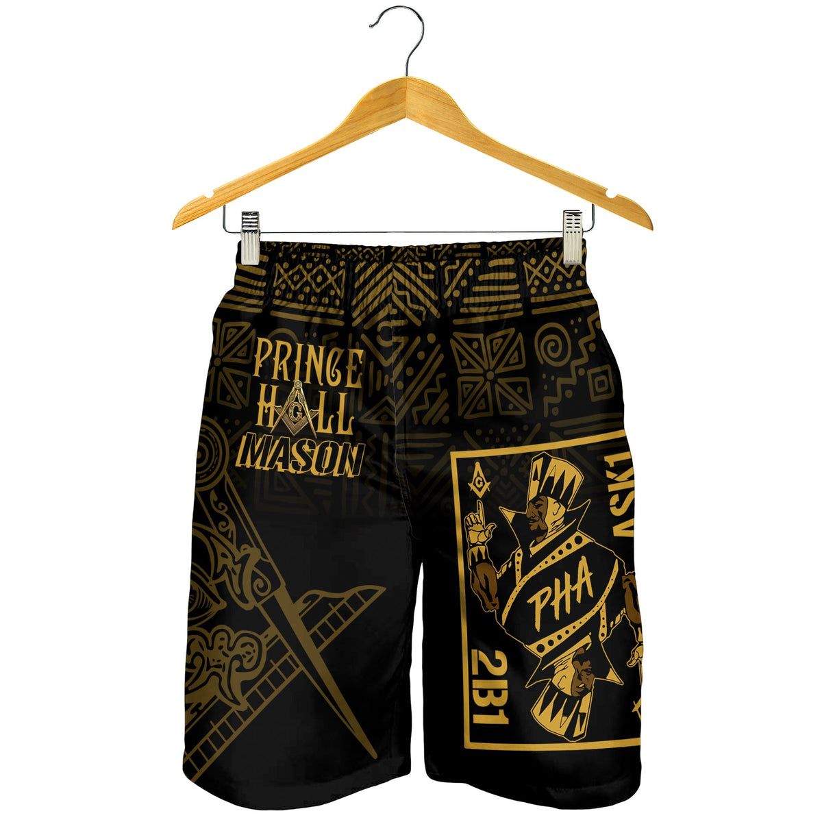 Black men's shorts on hanger with gold geometric Prince Hall Mason design