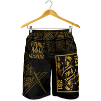Black men's shorts on hanger with gold geometric Prince Hall Mason design