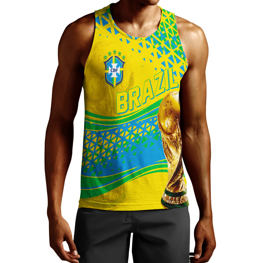 Men's Brazil yellow tank top with green and blue geometric print and crest