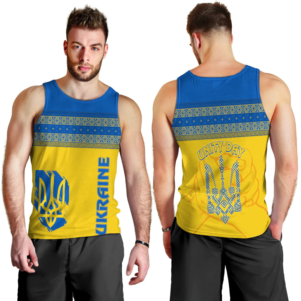Men's yellow tank top with blue folk stripe; front shows trident and 'UNITY DAY'