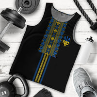 Black sleeveless tank top flat lay with blue and gold folk stripe and crest logo