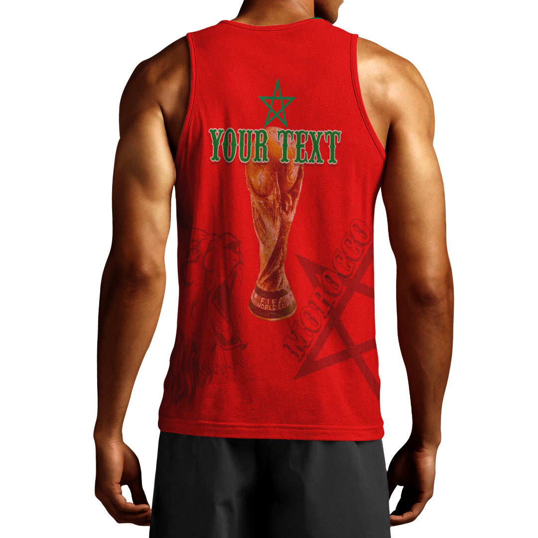 Red men’s tank top with back graphic text, star motif, and kaftan-style print