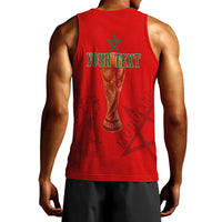 Red men’s tank top with back graphic text, star motif, and kaftan-style print