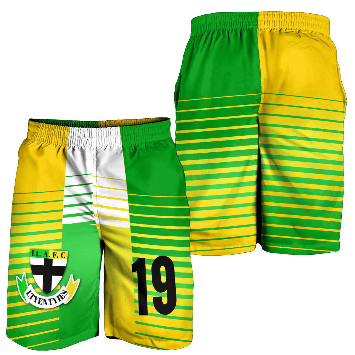 Men’s shorts in green and yellow stripes, number 19 print, elastic waistband