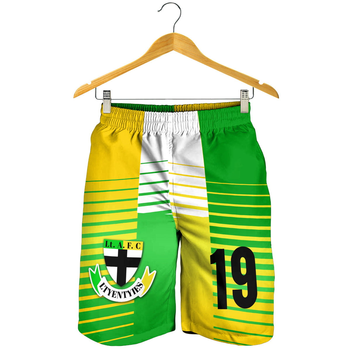 Hanging men’s green and yellow striped shorts with club logo and number 19, elastic waist