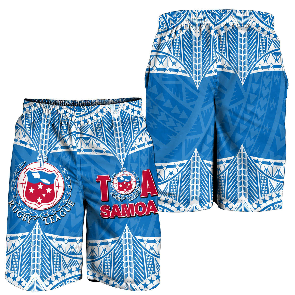 Men's rugby shorts back view with white geometric print, Samoa Rugby graphic, elastic waist