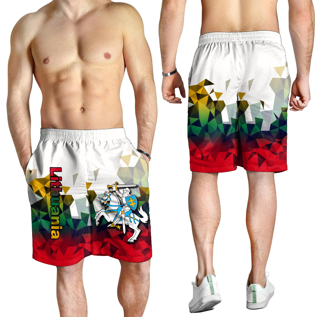 Men’s white swim shorts with Lithuania geometric print, elastic waistband