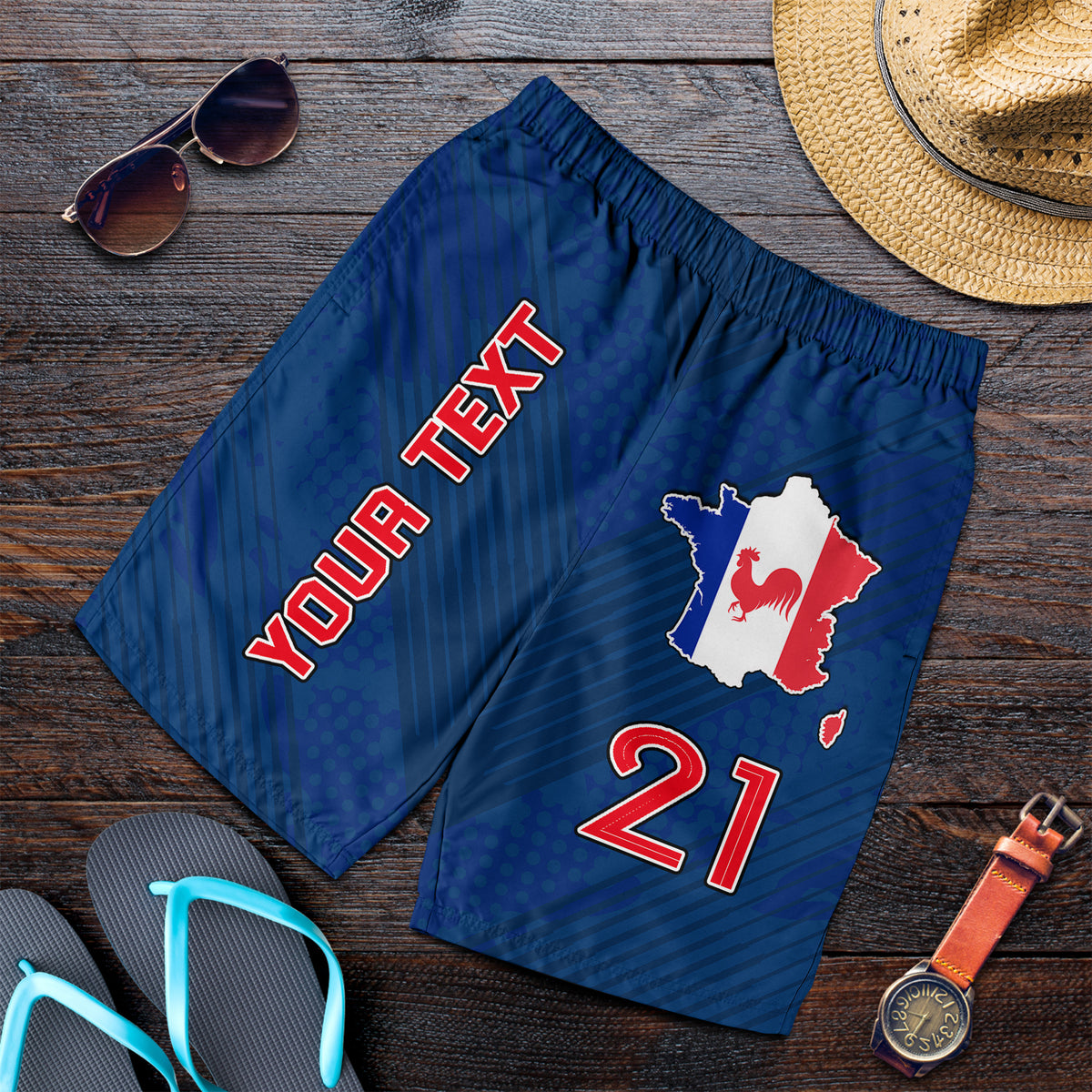 Blue men’s soccer shorts with elastic waistband and France map and number 21 graphic