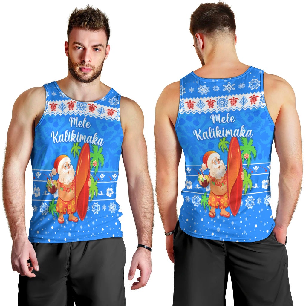 hawaii-christmas-men-tank-top-santa-claus-surfing-simple-style-blue