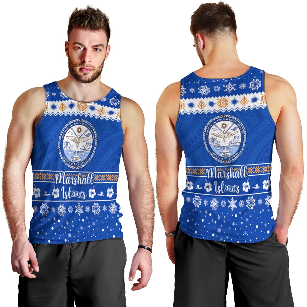 Blue men’s tank top with round logo and “Marshall Islands” Christmas winter pattern