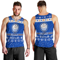 Blue men’s tank top with round logo and “Marshall Islands” Christmas winter pattern