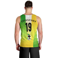 Men's yellow backless tank top with green stripes and large '19' number print