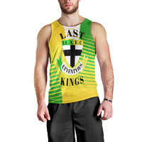 Front view of men's yellow tank top with green striped insert and black-white cross logo