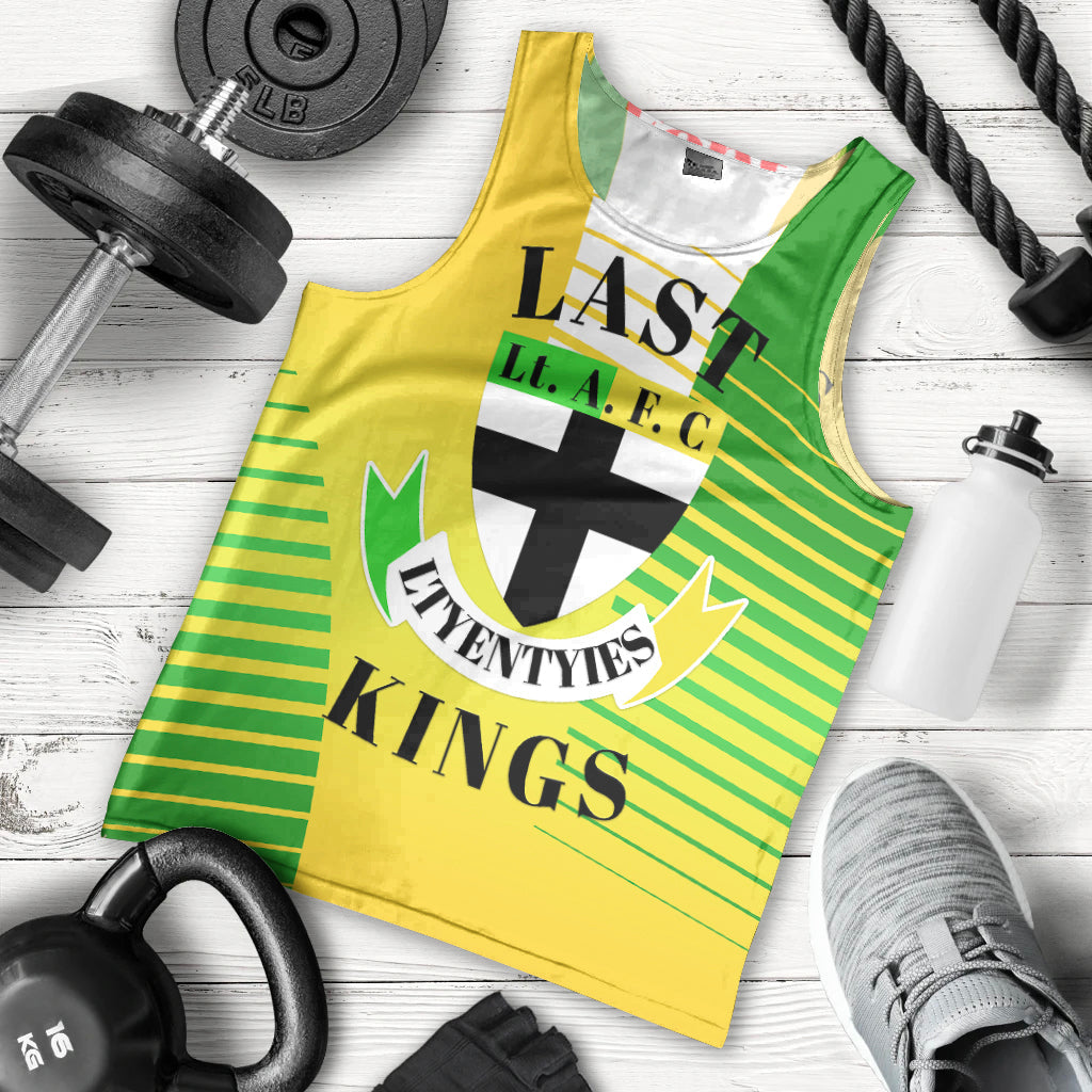 Yellow men's tank top with green stripes and 'KINGS' crest graphic, sleeveless