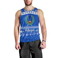 Blue men’s Christmas tank top with Pohnpei wordmark and festive border print