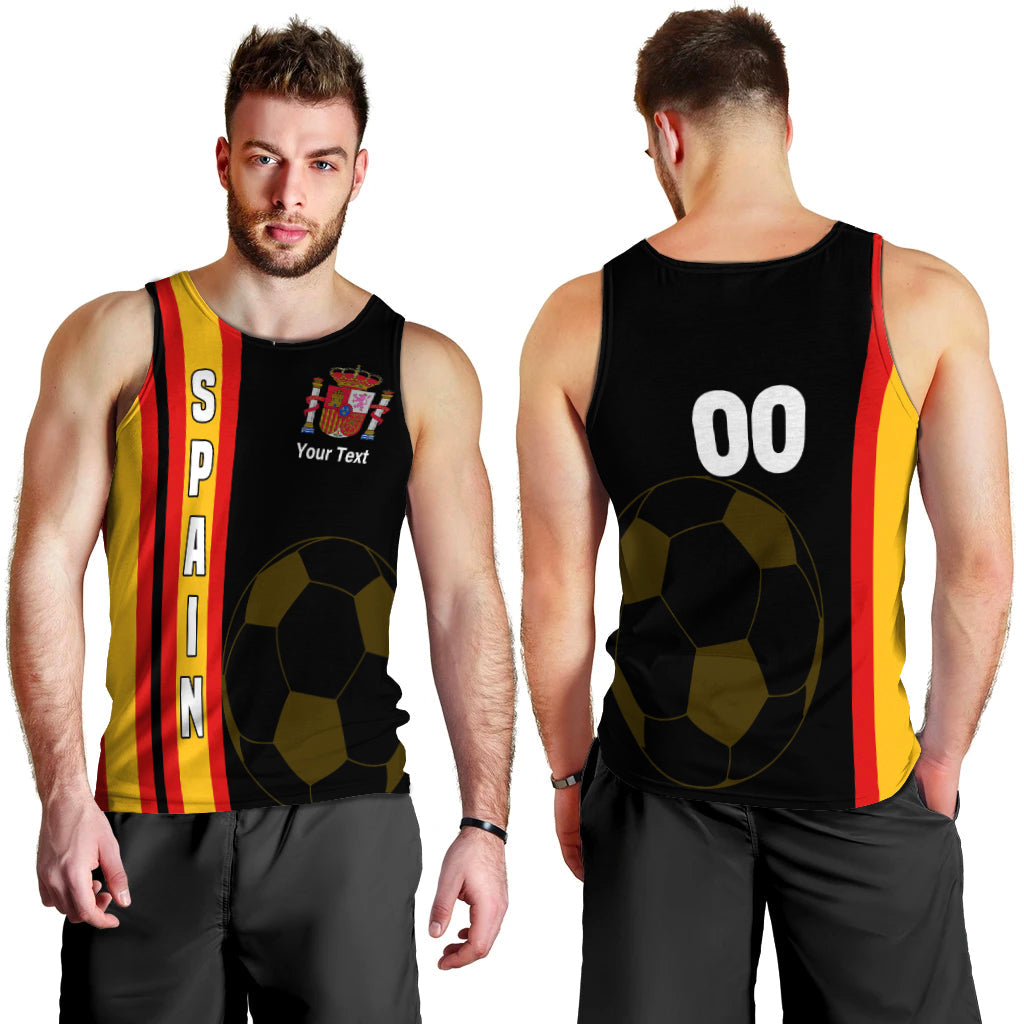 Black Spain football tank top with red-yellow side stripe, SPAN print, crest and 'Your Text'
