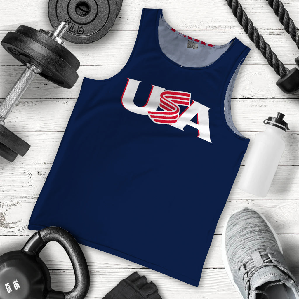 Blue men’s baseball tank top with USA flag graphic on chest
