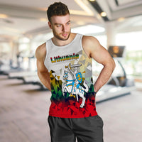 Men's white tank top with Lithuania crest and polygon flag graphic, worn