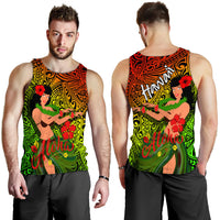 Men's hula dancer tank top with 'Aloha' text, green and orange tribal pattern graphic