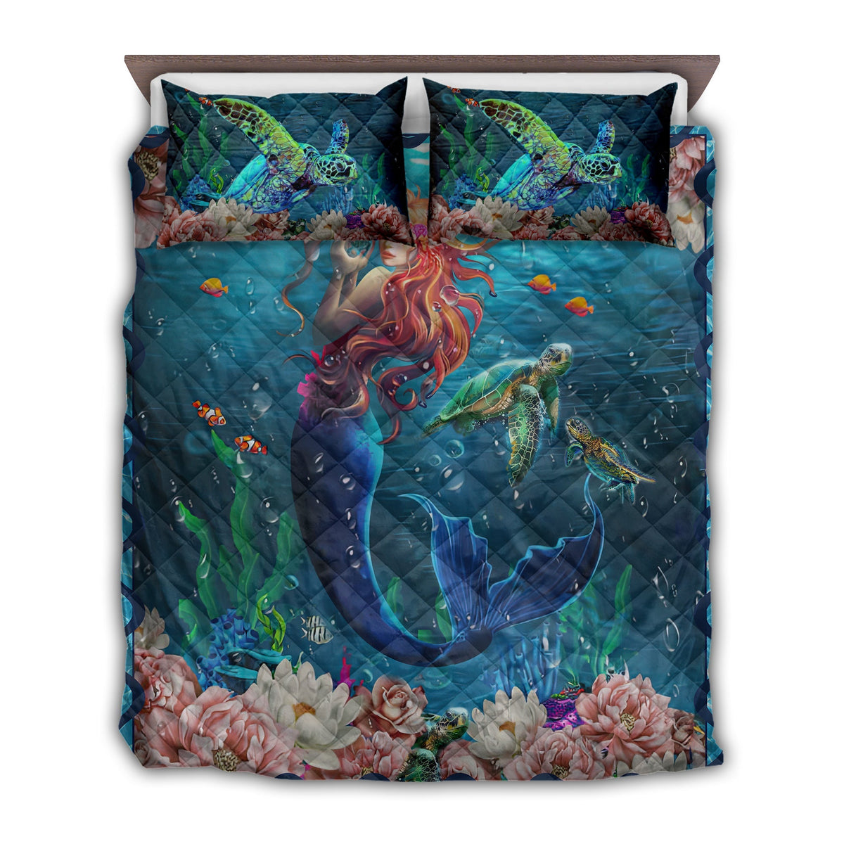 Mermaid ocean quilt bed set, blue teal quilt with floral border and two matching pillows