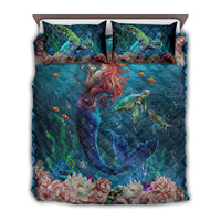 Mermaid ocean quilt bed set, blue teal quilt with floral border and two matching pillows