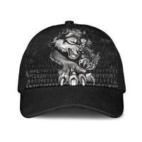 Black classic cap with silver wolf graphic, curved brim, mesh back panel