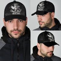 Black mesh-back cap with silver wolf graphic, side profile and curved brim