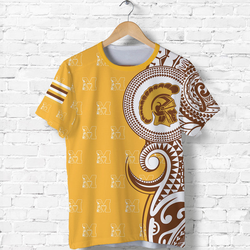Gold tribal print T-shirt with helmet graphic and geometric side panel