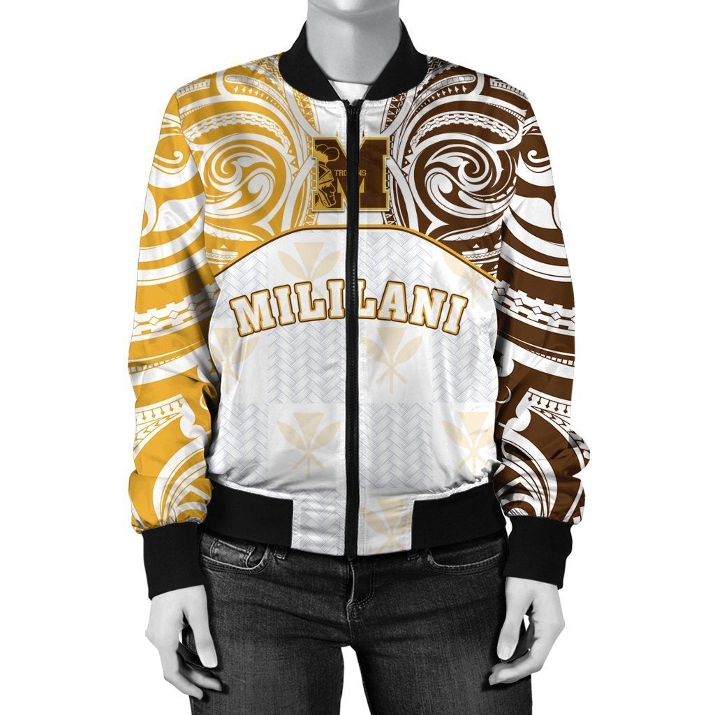 White bomber jacket with gold/brown swirl print, front zipper, MILILANI text
