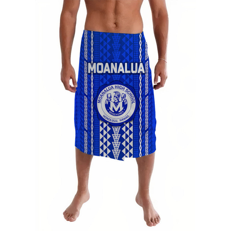 Blue patterned lavalava wrap skirt with school crest and lettering at center