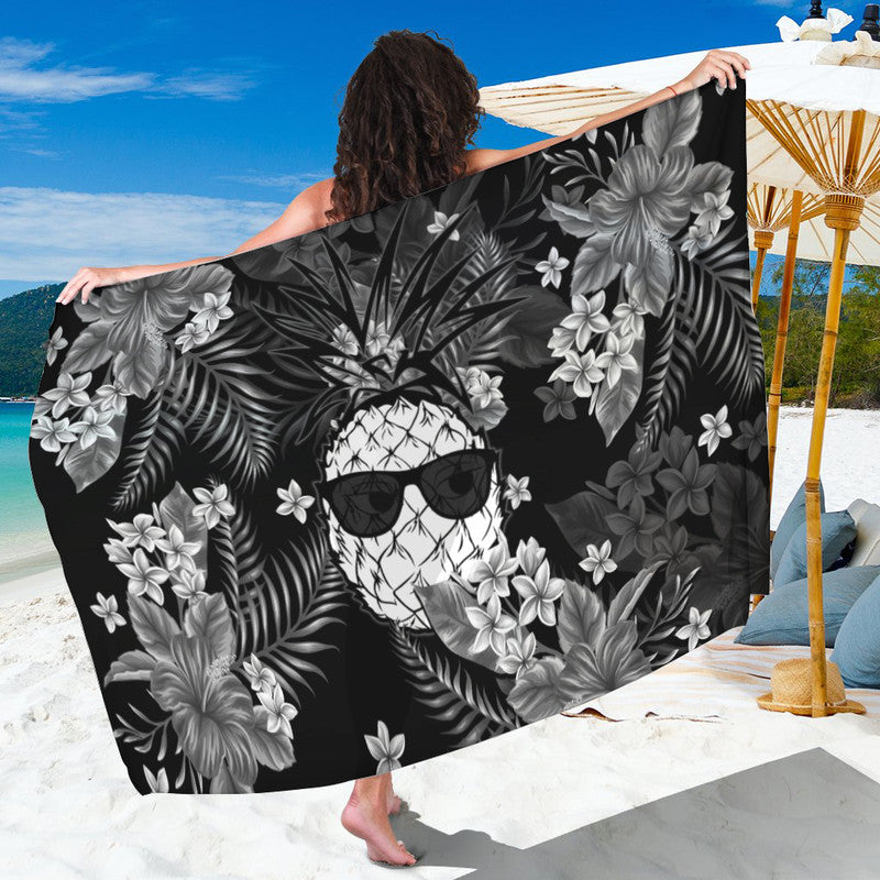 Tropical floral portrait sarong, black with white leaves and sunglasses graphic