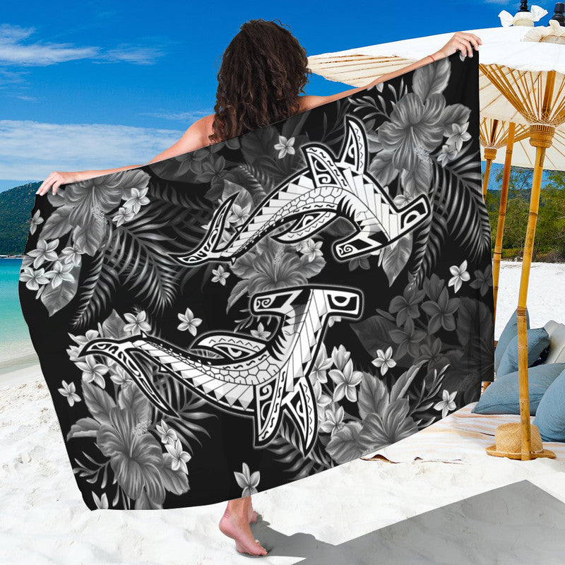 Gray shark sarong with black floral pattern and large shark graphic, draped fabric