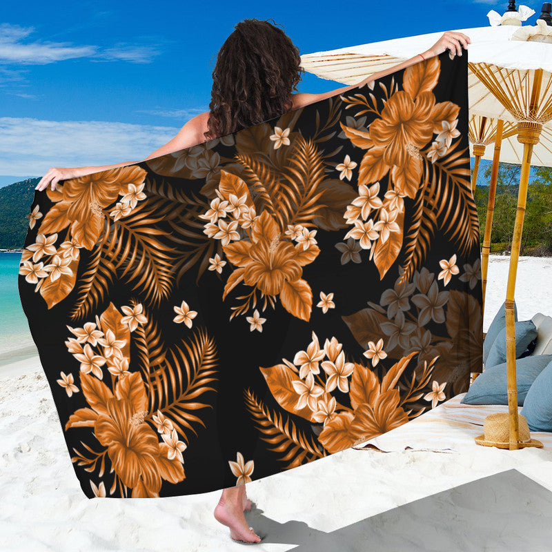 Tropical floral sarong with orange and cream flowers on dark background, lightweight wrap
