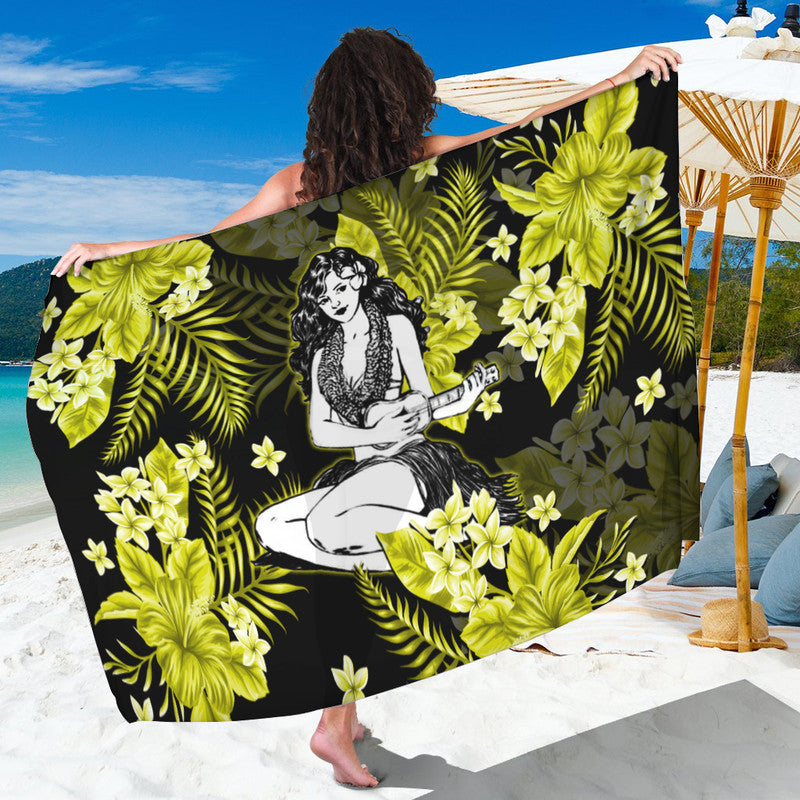 Dark sarong with hula girl illustration and tropical lime-green floral print