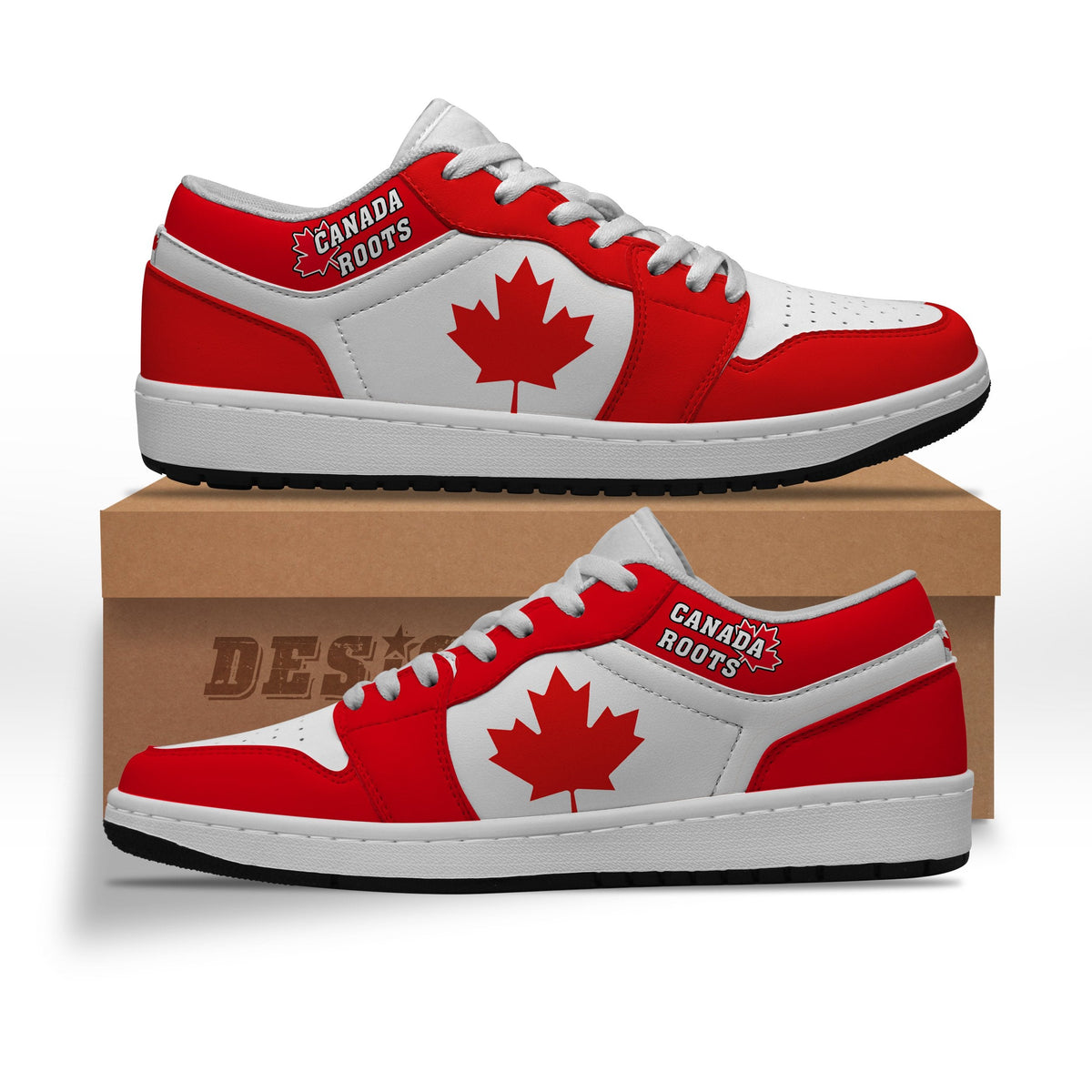 Red and white low-top sneakers with Canada Roots logo and maple leaf on side