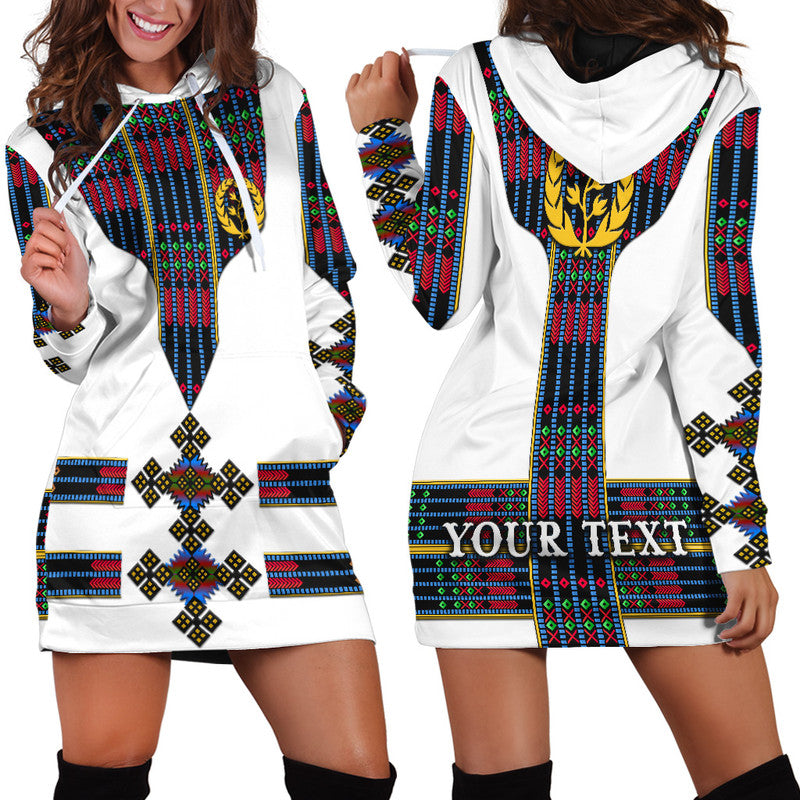 Eritrea hoodie dress weiß, Kapuze mit Ethno-Flag-Print und „YOUR TEXT“ Schrift